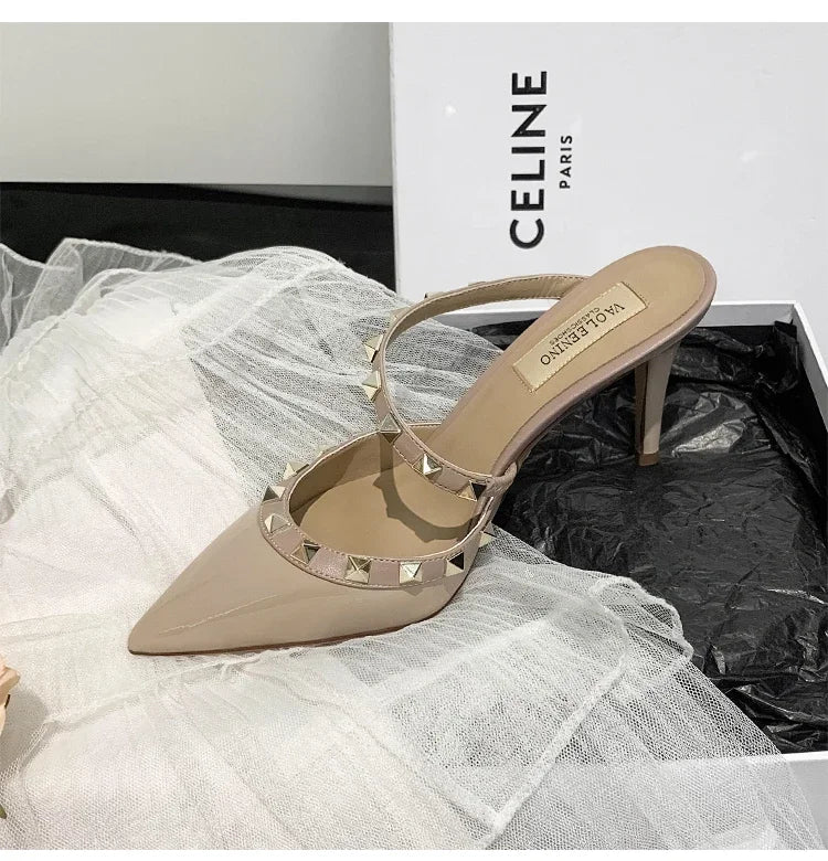 Heeled Sandals Summer Luxury Brand Rivets Women Slippers Fashion Leather Slingbacks Heels Slippers Designer Party Prom Shoes
