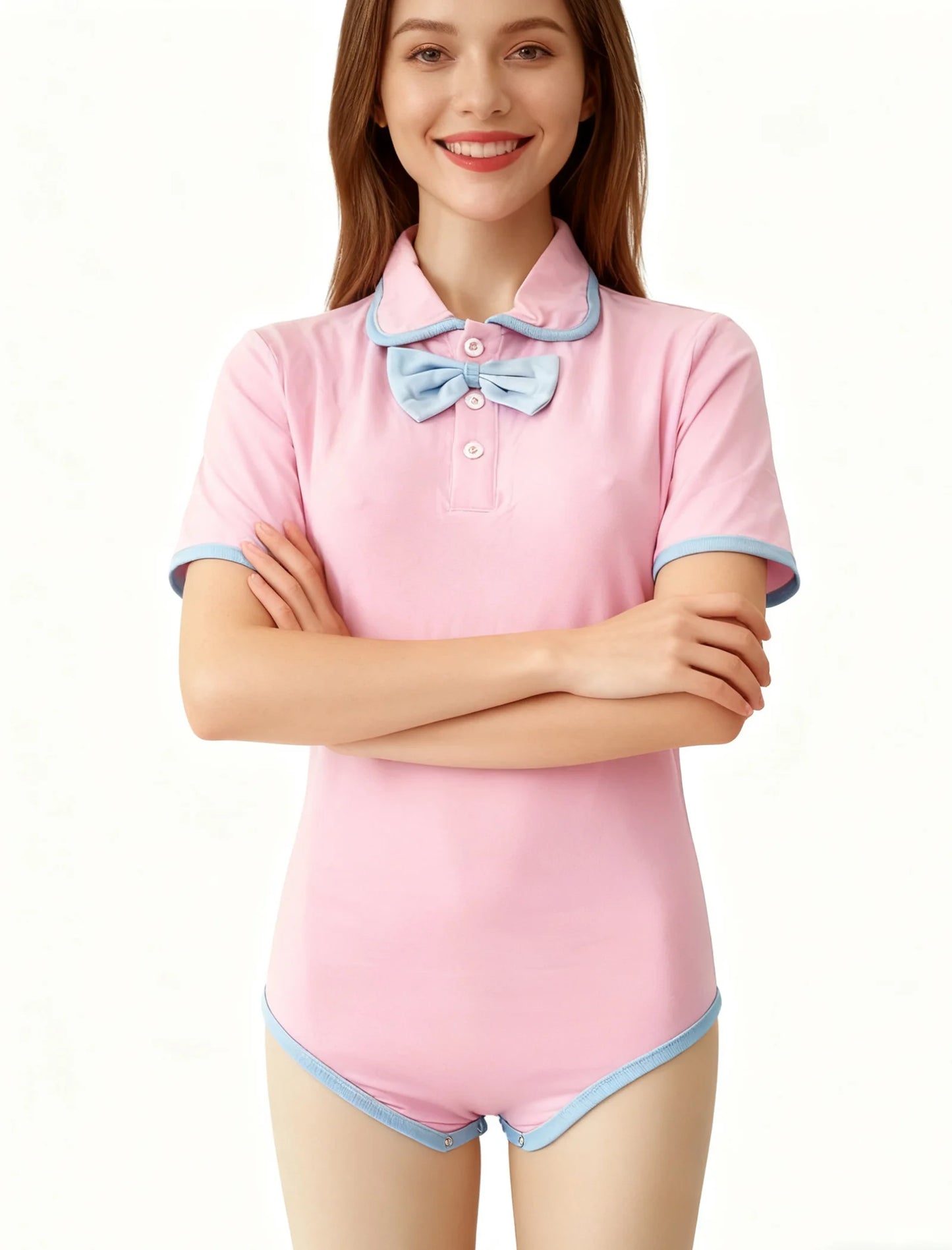 Adult light pink bodysuit with light blue bow /adult onesie/adult baby romper/abdl clothes