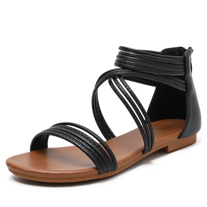 High quality leather flat sandals for women stripe zipper new summer 2026 36 42 open toe casual beach shoe black khaki brown