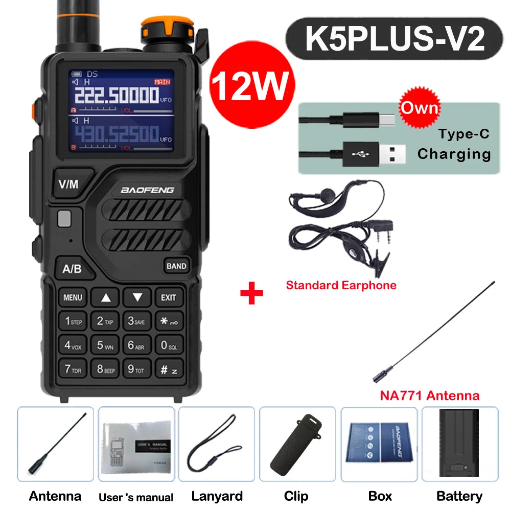 2026 Baofeng UV-K5 Plus Walkie Talkie 12W High Capacity AM FM Two Way Radio Full Band LCD 999CH Frequency Copy NOAA Noise Reduce