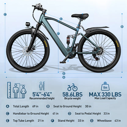 Electric Bike for Adults, 750W Peak Ebike, 40Miles 25MPH Electric Mountain Bike, 24''/26" Adult Electric Bicycle with 36V Battery, 21 Speed, Full Suspension, UL 2849 Certified