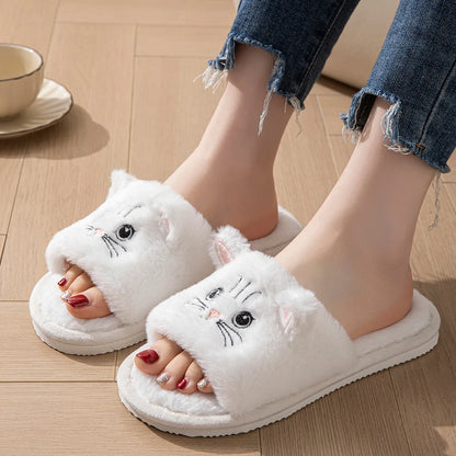 Casual Fluffy Slippers Women Home Flat Cat Cartoon Luxury Designer Shoes Girls Autumn Elegant Indoor Fashion Footwear Large Size
