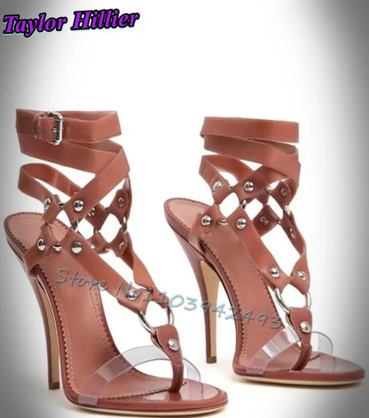 Gladiator Heels Cross Strap Heeled Sandals Rivets Women Deisgner Luxury Shoes Summer Sandalias De Mujer Solid Green Brown Zapato