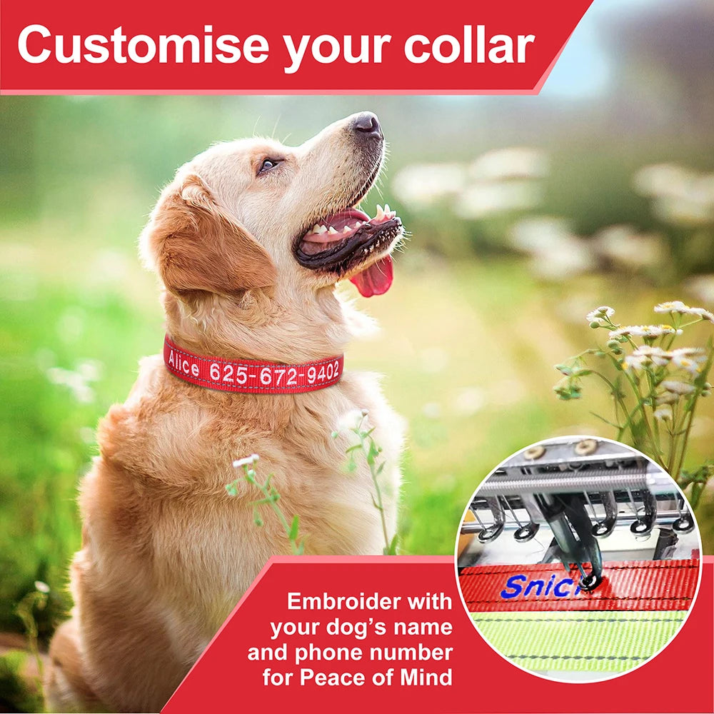 Embroidered Nylon Dog Collar Free Custom Dogs Collar Reflective Pet ID Name Phone No. For Small Medium Large Dogs Pug Adjustable