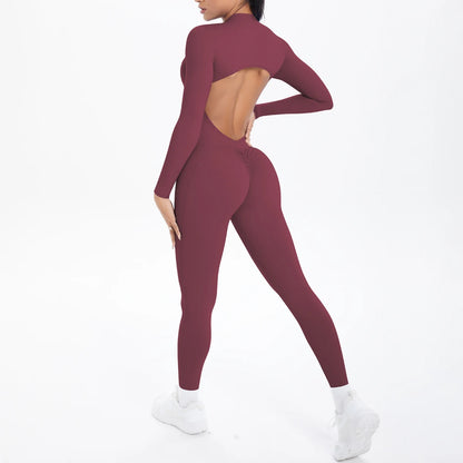 Solid Color Bodysuits for Woman's Backless Long Sleeved Zipper Yoga Jumpsuits High Dtrength Workout Sports Fitness Clothing Set