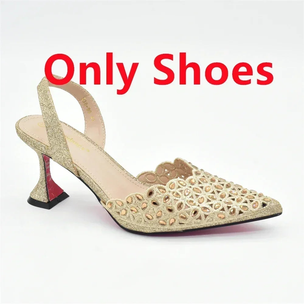 Gold Shoes and Bags Set for Women Ladies Shoe and Bag Set Latest Designers Pointed Toe Shoes Sexy Wedding Party Sandals
