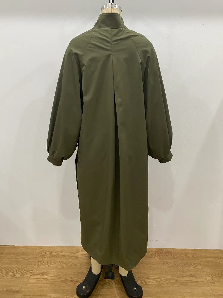 Women's Autumn Long Trench Coat Stand Collar Button Batwing Sleeves Side Slit Oversized Jacket Chic High Street Windproof Outfit
