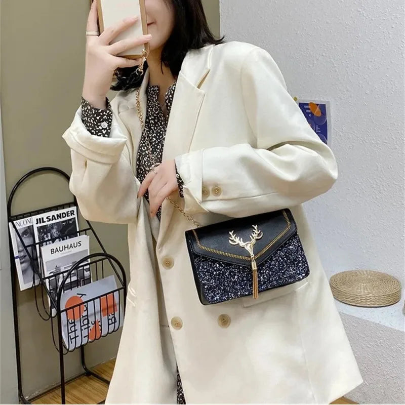 Fashion Women Shoulder Bag Deer Head Decoration Messenger Bags PU Leather Button Underarm Luxury Chain Lady Small Square Handbag