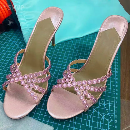 Summer 2026 Women's Pink Crystal High Heels Diamond-Encrusted Slim Heel Sandals for Outdoor Weddings Parties Fashionable Ladies'