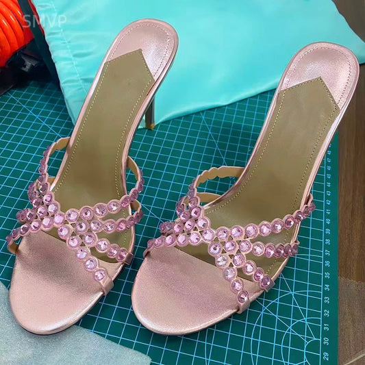 Summer 2026 Women's Pink Crystal High Heels Diamond-Encrusted Slim Heel Sandals for Outdoor Weddings Parties Fashionable Ladies'