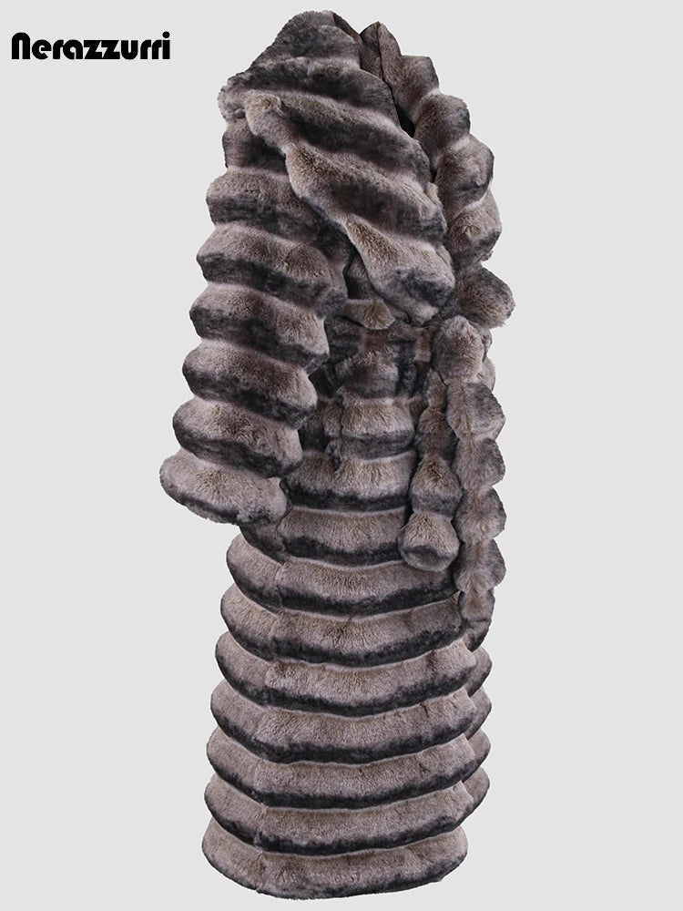 Nerazzurri Winter Extra Long Thick Warm Colorful Soft Striped Fluffy Faux Chinchilla Fur Coat Women Shawl Collar Furry Overcoat