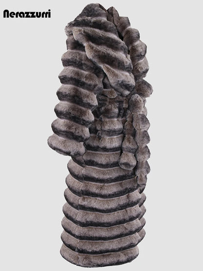 Nerazzurri Winter Extra Long Thick Warm Colorful Soft Striped Fluffy Faux Chinchilla Fur Coat Women Shawl Collar Furry Overcoat