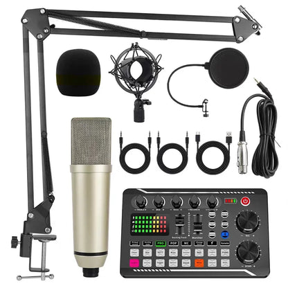 F998 Live Streaming Sound Card Kit Rechargeable Condenser Microphone With Stand Bluetooth Mixer For Streaming Recording