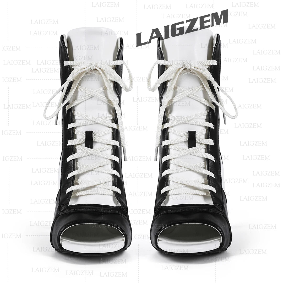 LAIGZEM Women Ankle Boots Patchwork Peep Toe Thin High Heels Boots Lace up Short Boos Ladies Handmade Shoes Woman Size 39 41 43