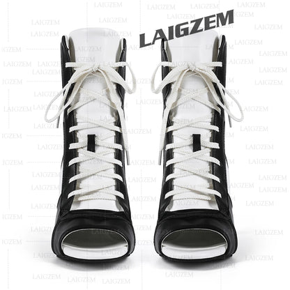 LAIGZEM Women Ankle Boots Patchwork Peep Toe Thin High Heels Boots Lace up Short Boos Ladies Handmade Shoes Woman Size 39 41 43