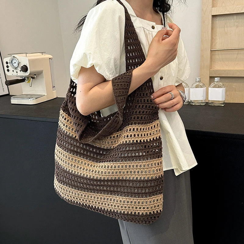 Wool Plush Woven Women Shoulder Bags Ladies Stripe Designer Knitted Braid Handbags Tote Summer Beach Shopper Purses