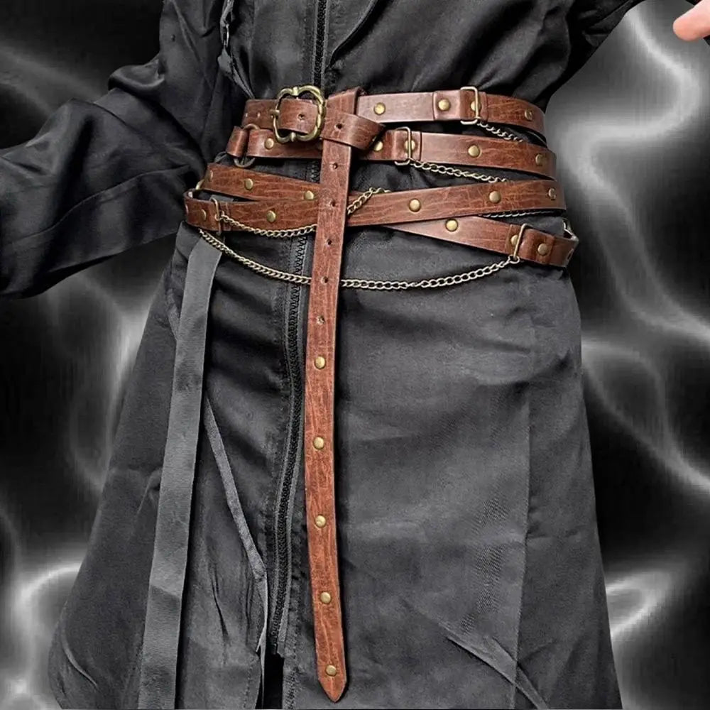 Medieval DIY Faux Leather Metal Chain Belt Vintage Adjustable Thin Belt For Women, Retro Skinny Belt For Dresses