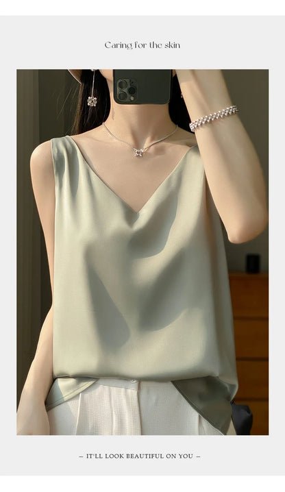 New Lce Silk Satin Camisole Women's Spring/Summer Solid Color Sleeveless Sexy Comfortable Silk Underwear Vest RW-D09