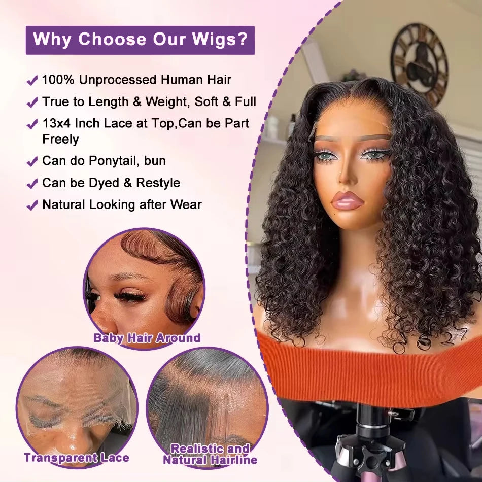 Short Bob Deep Wave Lace Frontal Wig Pre Plucked 13x4 4x4 Lace Front Wig Peruvian Curly Human Hair Bob Wigs For Women and Girls
