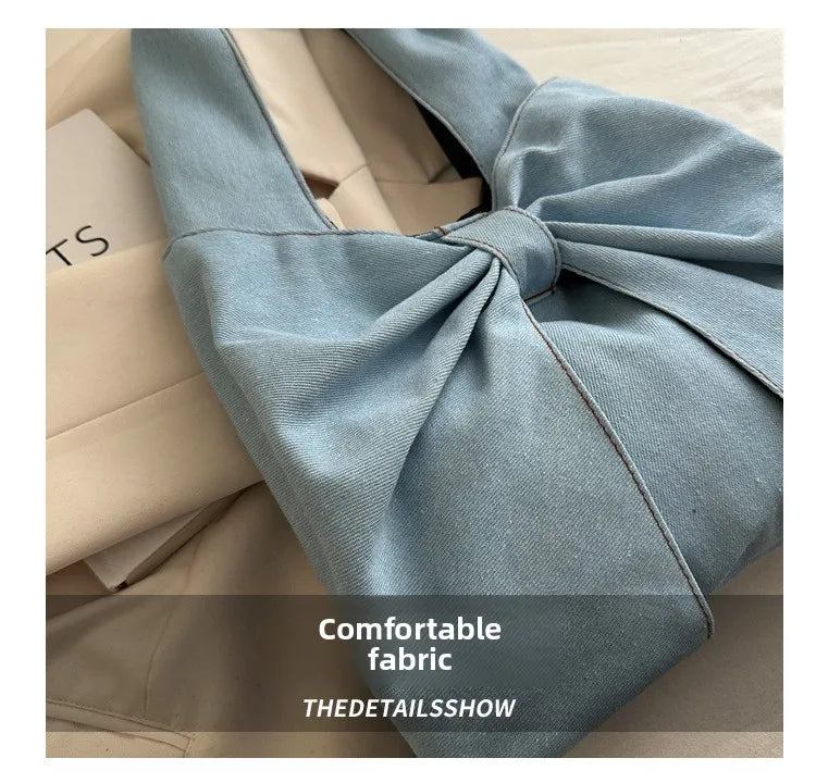 Sweet Bowknot Design Women's Denim Shoulder Bags Commuter Thread Ladies Handbags Casual Lightweight Female Underarm Tote Bag
