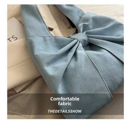 Sweet Bowknot Design Women's Denim Shoulder Bags Commuter Thread Ladies Handbags Casual Lightweight Female Underarm Tote Bag
