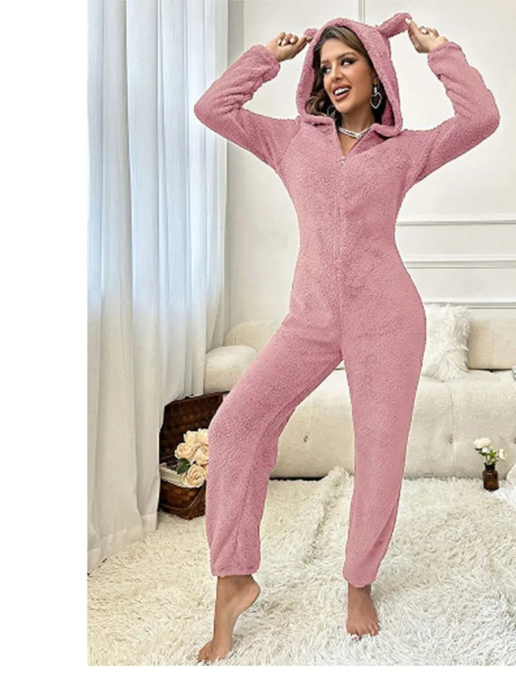 Fashion Plush Ear Hooded One-piece Pajamas Women Autumn Winter New V-neck Long-sleeved Loose Casual Trousers Home Wear Jumpsuits