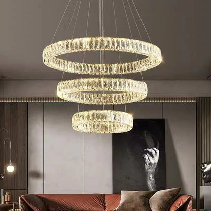 Modern LED Luxury Crystal Chandelier Villa Staircase Living Room Dimming Circular Gold Chandelier Home Lighting Indoor Light