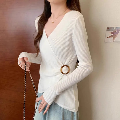 Women Wrap V Neck Ribbed Knit Top Metal Ring Buckle Flare Long Sleeve Slim Sweater