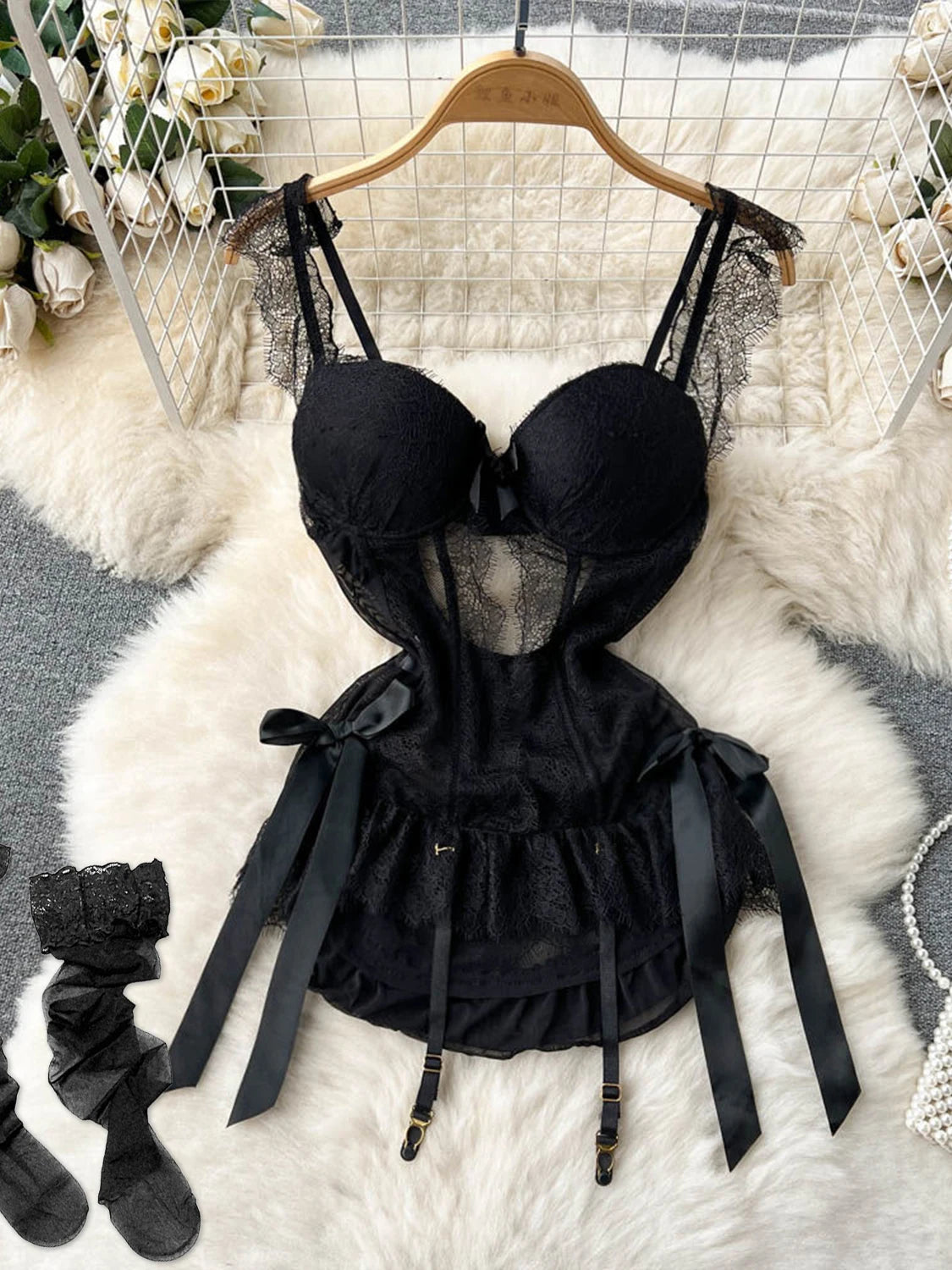 Coquette Lace Lingerie Set Sexy Mesh Bodysuit Valentines Day Sleepwear Gothic Strappy Catsuit Intimate Nightwear Romper