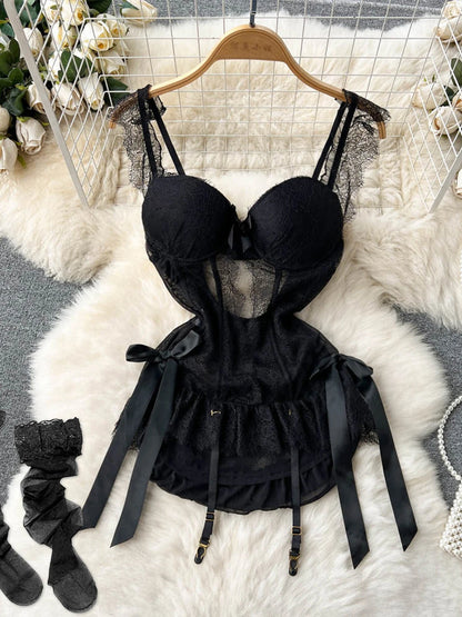 Coquette Lace Lingerie Set Sexy Mesh Bodysuit Valentines Day Sleepwear Gothic Strappy Catsuit Intimate Nightwear Romper