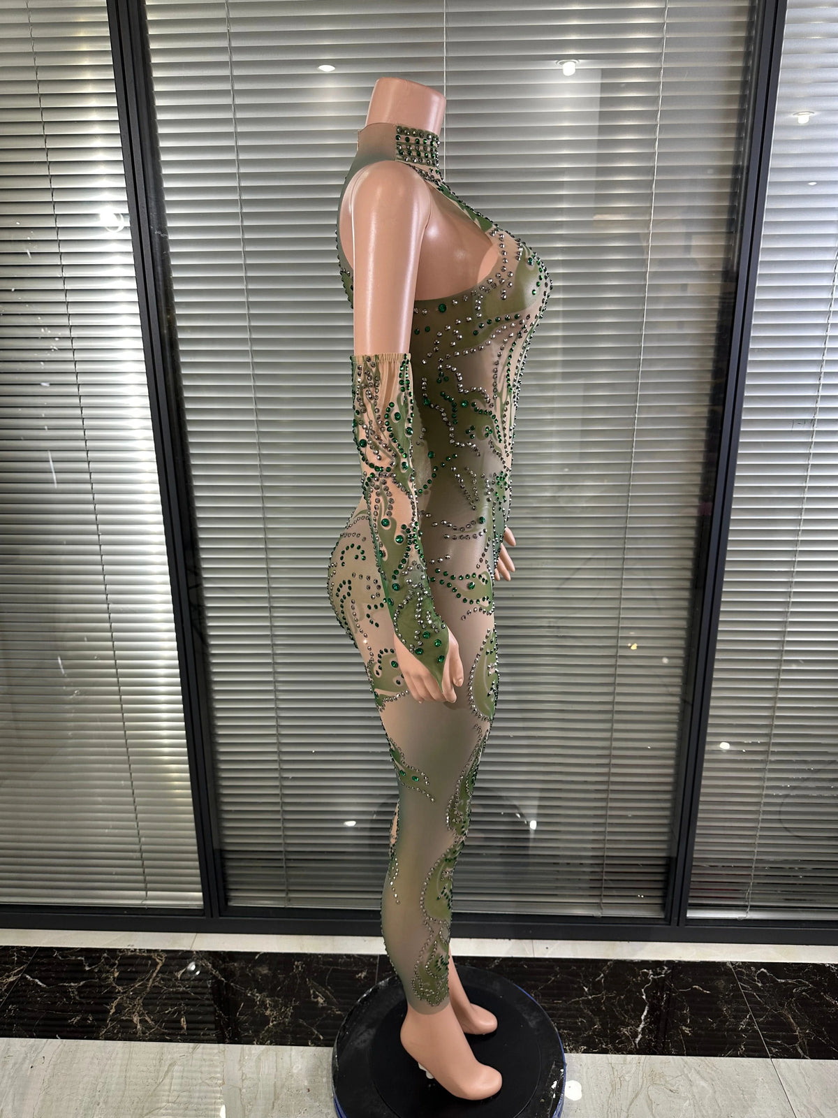 Chic Sheer Mesh Full Body Jumpsuit Women Sexy Rhinestone Embellished High Neck Slim-fit Outfit Nightclub Evening Party Costume