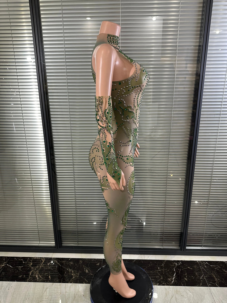 Chic Sheer Mesh Full Body Jumpsuit Women Sexy Rhinestone Embellished High Neck Slim-fit Outfit Nightclub Evening Party Costume