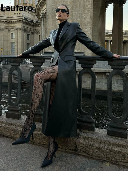Lautaro Autumn Long Black Fitted Pu Leather Trench Coat for Women Shoulder Pads Single Breasted Luxury Elegant Blazer Overcoat