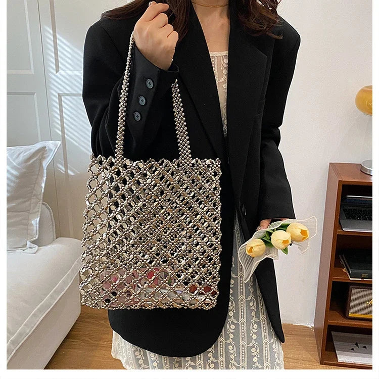 2026 Fashion Exquisite Bead Sense of Luxury Hollow Out Women‘s Handbags Hot Sale New No Zipper Acrylic Square Shoulder Bags