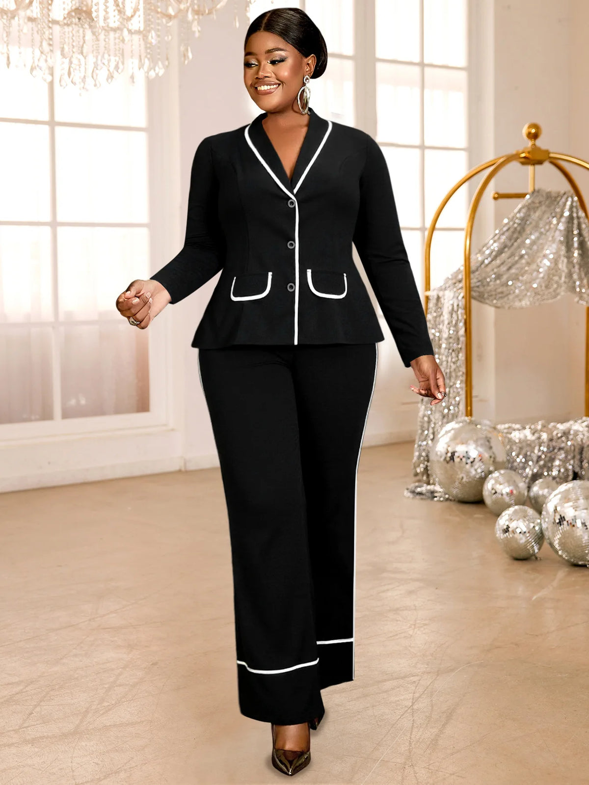 Plus Size Women's Black Contrast Trim Blazer Suit Fashion V-neck Single-breasted Jacket + Wide-leg Pants Two-piece Set Y2K