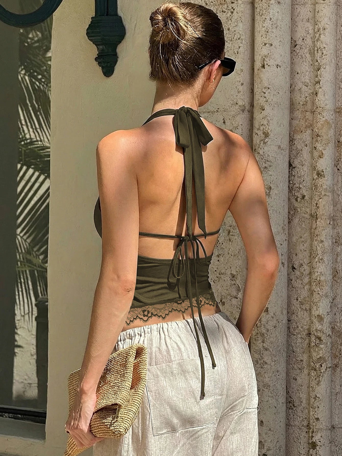 Dulzura Summer Fashion Sexy Halter Backless Lace Up Lace Ruffles Swinging Collar Vest Women'S Casual Y2K Top Party Club Clothes