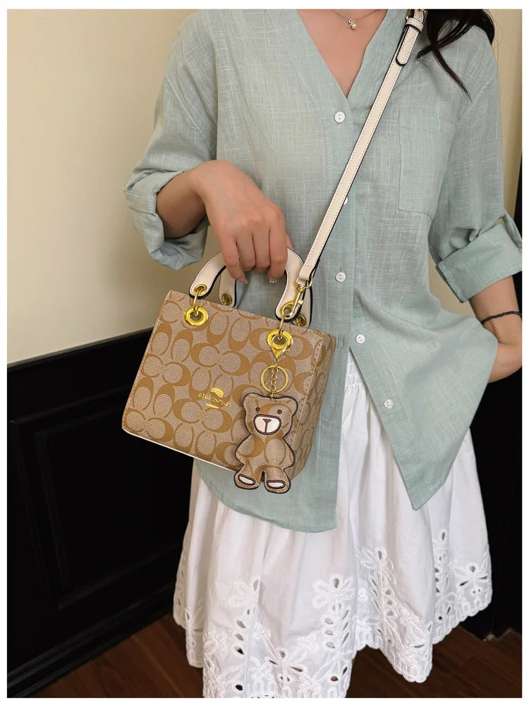 Luxury Women Bag 2026 New Vintage Classic Monogram Handbag Fashion Designer Ladies Tote Crossbody Bag with Bear Charm