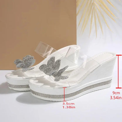 Luxury Silver Glitter Bowknot Slides Transparent Pvc Strap Chunky Platform Wedge Heels Slippers Sexy Party Dress Sandals Size 43