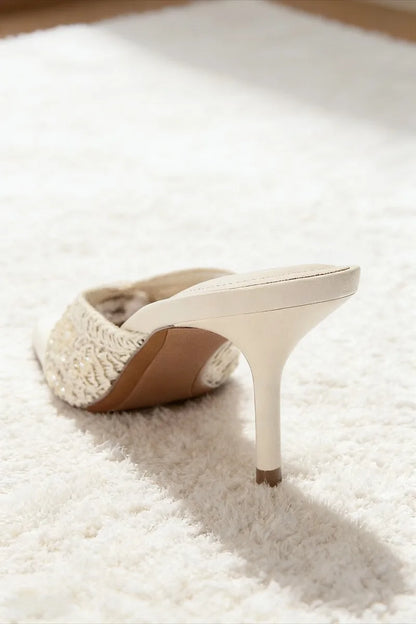 Elegant String Bead Decoration Heeled Sandals Women Sexy Pointed Toe Mesh Woven Slippers Summer Luxury Designer Shoes for Ladies