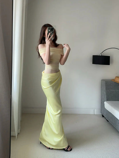 MsChuh Summer Party Dresses For Woman One-shoulder Long Evening Dress Sexy Holiday French Vestidos Solid Color Temperament Slim