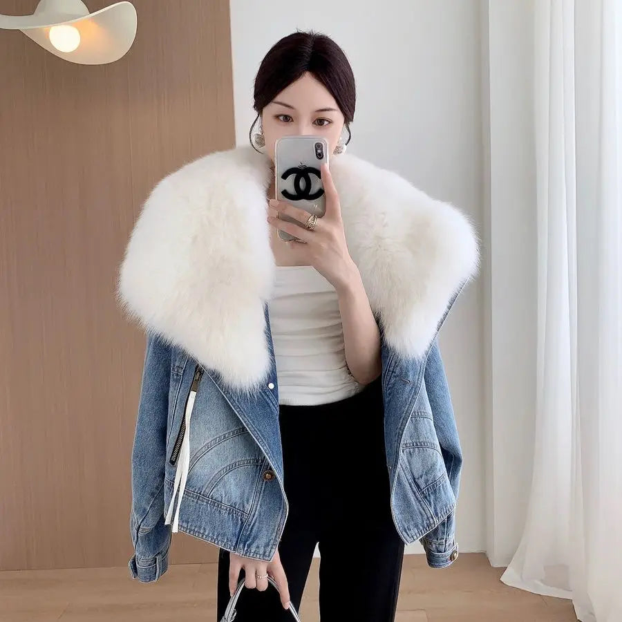 Winter Thickened Short Denim Jacket Fashion  Parkas Jeans Jacket Luxury Fur Coat Removable Fur Collar Cotton Jacket New