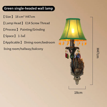Retro American European Iron Art Red Cloth Crystal Wall Lamp for Hall Restaurant Bedroom Walkway Hotel Bar Decorative Wall Light