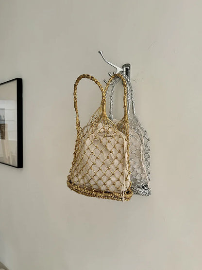Hylhexyr Ins New Solid Color Gold and Silver Thread Handmade Weaving Bag Bucket Shaped Fashion Handbag Beach Bags