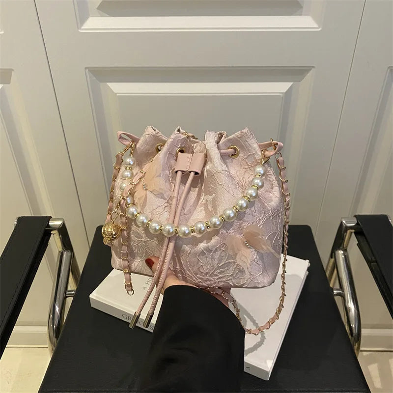 Sweet Butterfly Women Drawstring Bucket Shoulder Bags Versatile Ladies Crossbody Bag Clutch Fashion Girls Pearl Chain Handbags