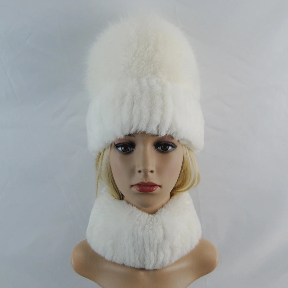New Winter Lady Brand Hand Make Real Genuine Fox Fur Hat Scarf Girls Natural Real Rex Rabbit Fur Ring Cap Real Fur Scarves Hats
