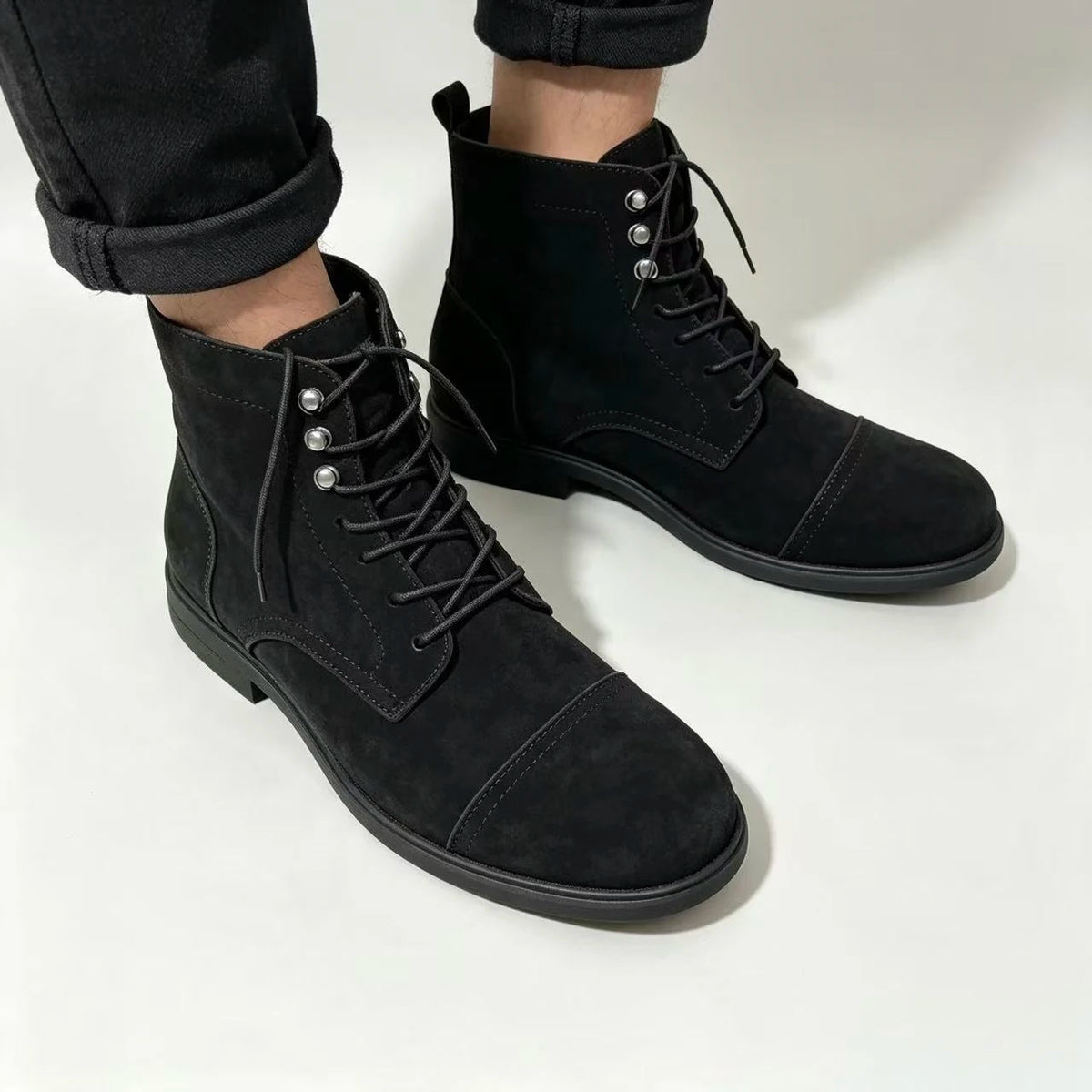 Suede Leather Mens Motocross Boots Lace‑Up Ankle Boots Men Formal Business Boots Men Vintage Hand‑Stitched Man Casual Shoes