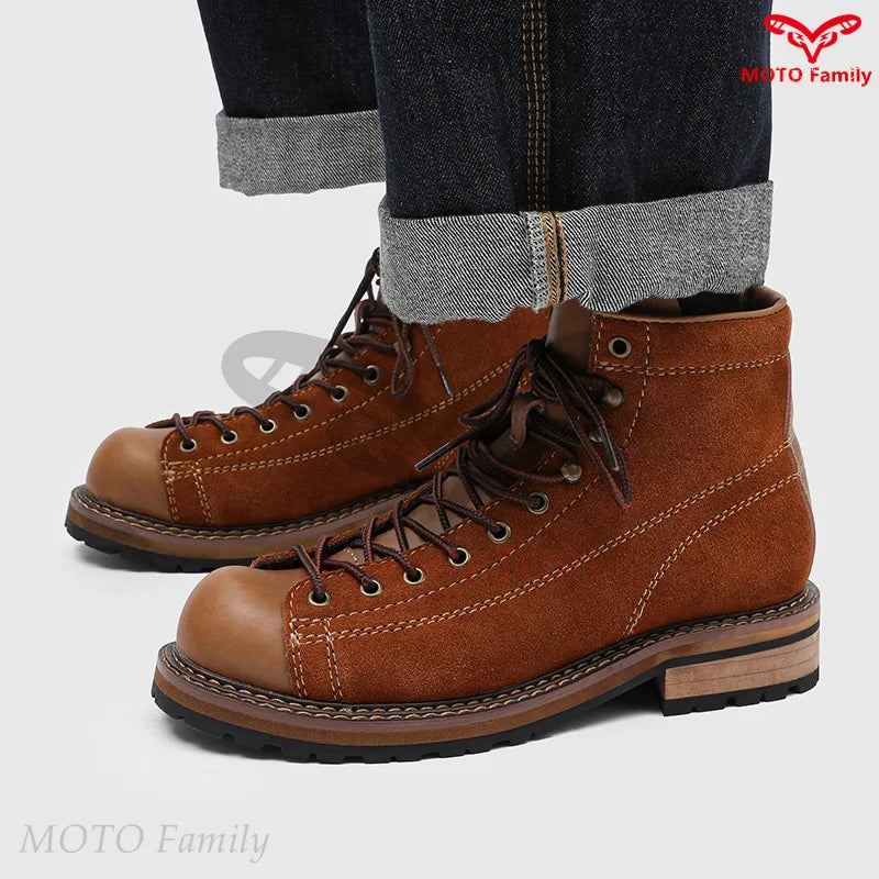 Retro tooling boots cycling boots men's mid-help autumn and winter leather boots locomotive brown trendy shoes 20238-L