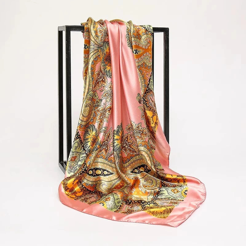 1PCS 90*90cm Square Silk Scarves Women Hijab Shawls Fashion Print Femme Head Scarf Foulard Bandana Beach Pareo