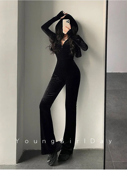 WOMENGAGA Fashion Black Velvet Slim Hooded Zipper Long Sleeve Flare Pants Jumpsuit Rompers Korean Sexy Hot Tops 2022 9P64