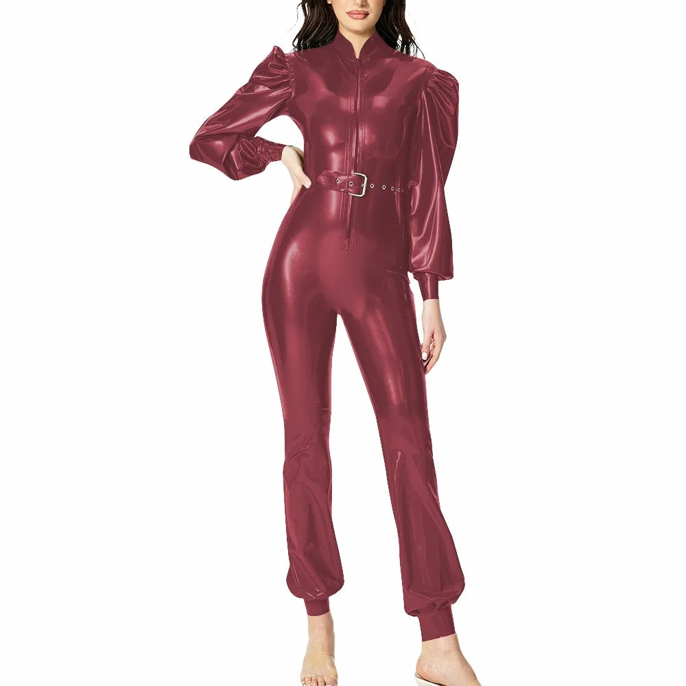 Plus Size Fashionable PVC Patent Leather Jumpsuit for Women Latex-look Clubwear Stand Collar Belt Puff Long Sleeve Slim Rompers